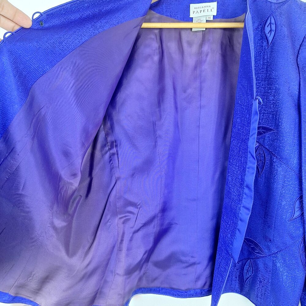 Silk Top & Skirt Suit Set, Size 14. Purple Embroidered Lined Adrianna Papell - Picture 12 of 16